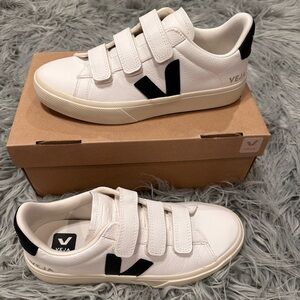 Veja White and Black Velcro Sneakers